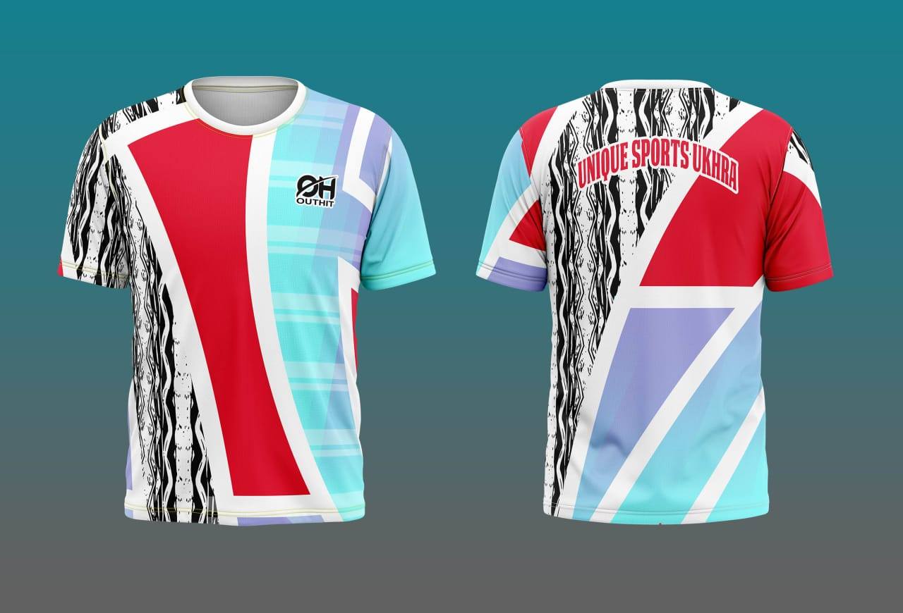 Sample ODI coloured cricket jersey with team branding and sponsor logos