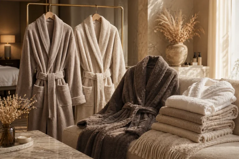 High-pile premium velour bathrobe shown flat with sheen finish drape
