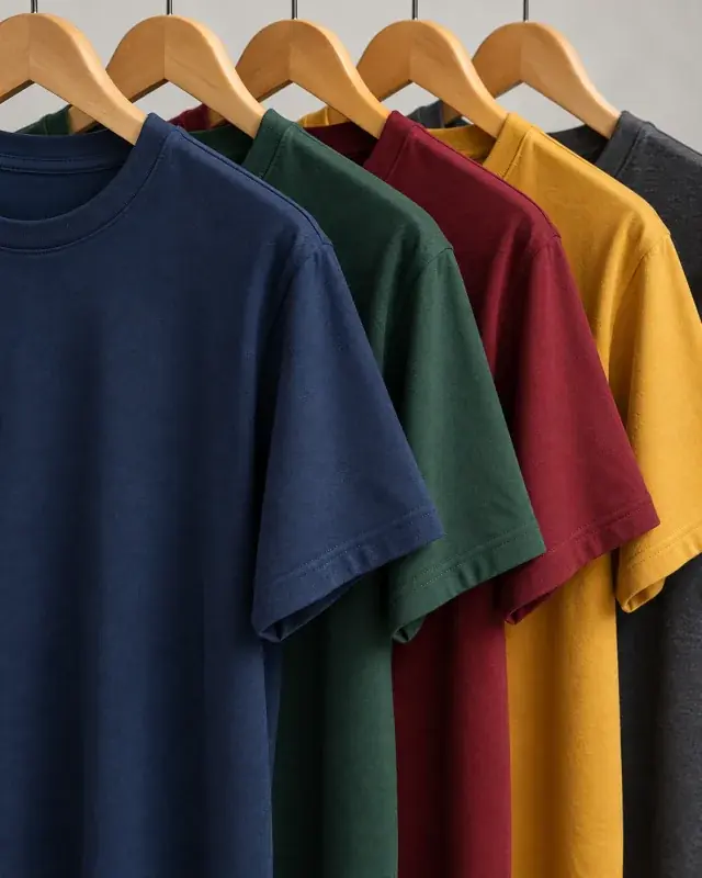 Plain blank t shirts in several colours on wooden hangers