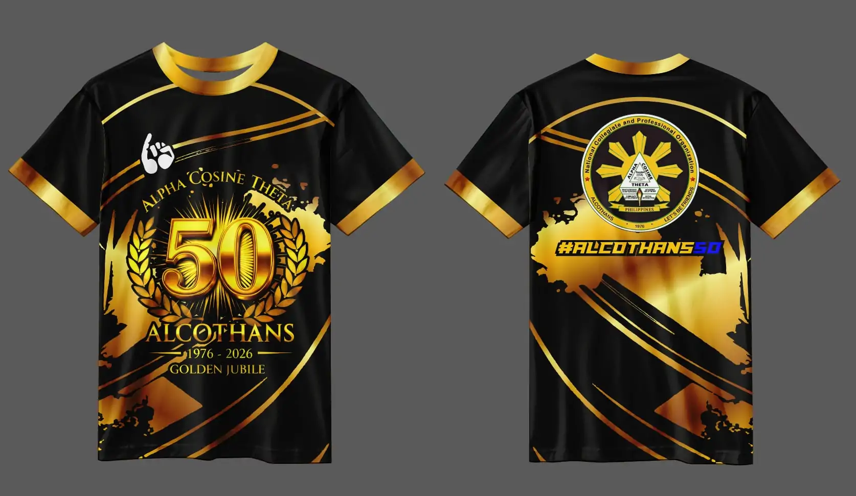 Full sublimation T shirt design in black and gold for a golden jubilee anniversary, shown front and back.