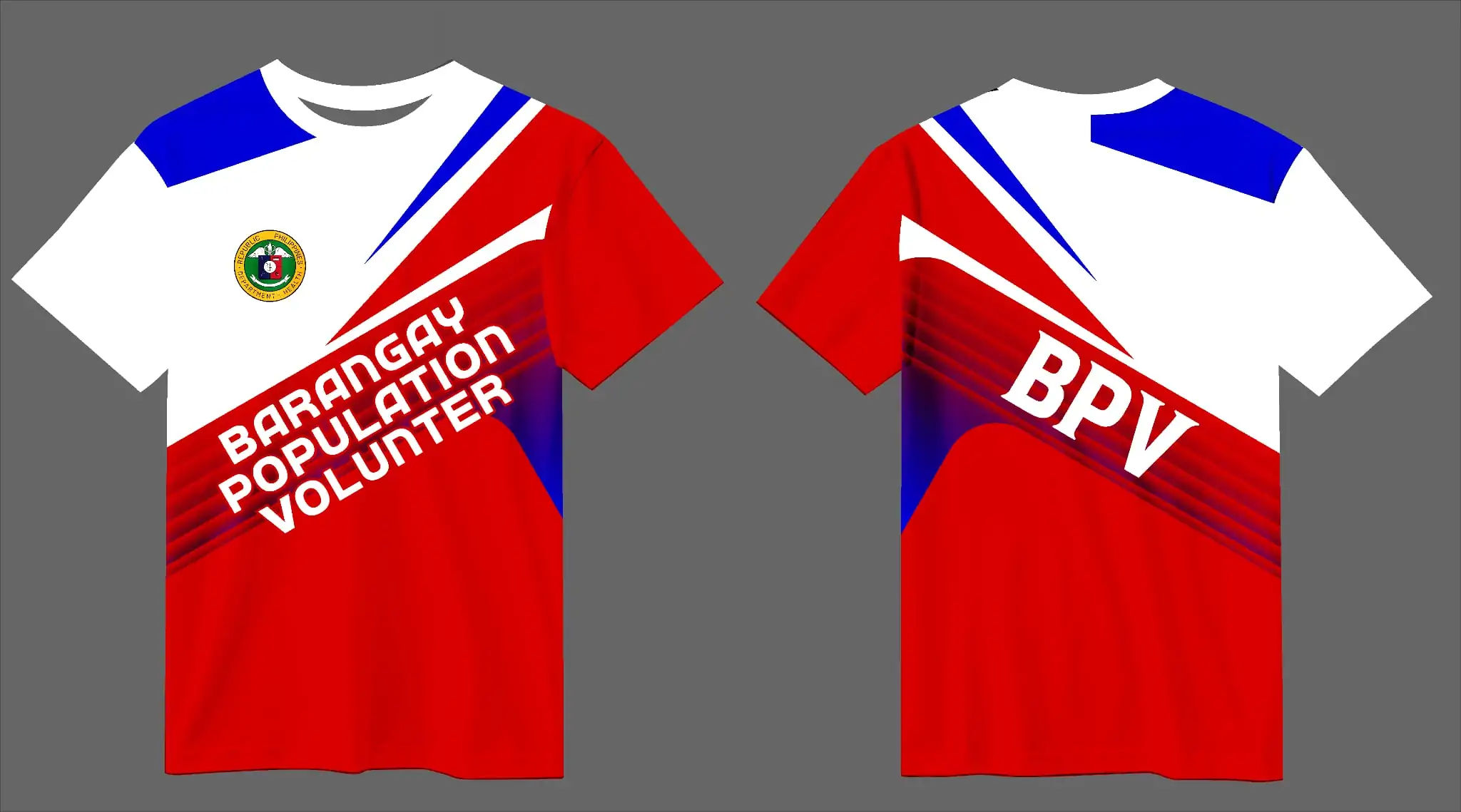 Full sublimation T shirt design in red, white, and blue for a barangay population volunteer program, shown front and back.