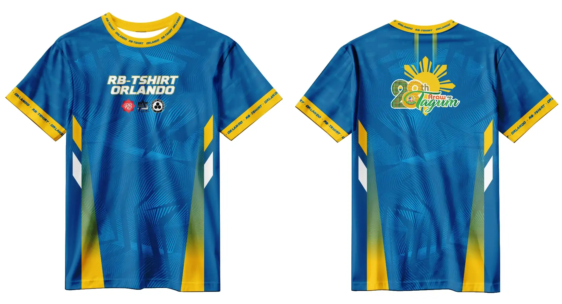 Full sublimation team T shirt design in blue and yellow, shown front and back.