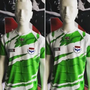 Rugby 7s tournament jersey with player names and numbers