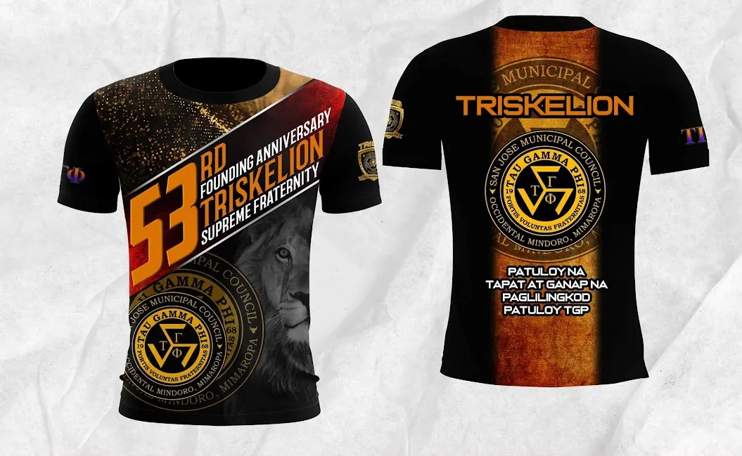 Full sublimation fraternity T shirt design in black and gold with a circular crest, shown front and back.
