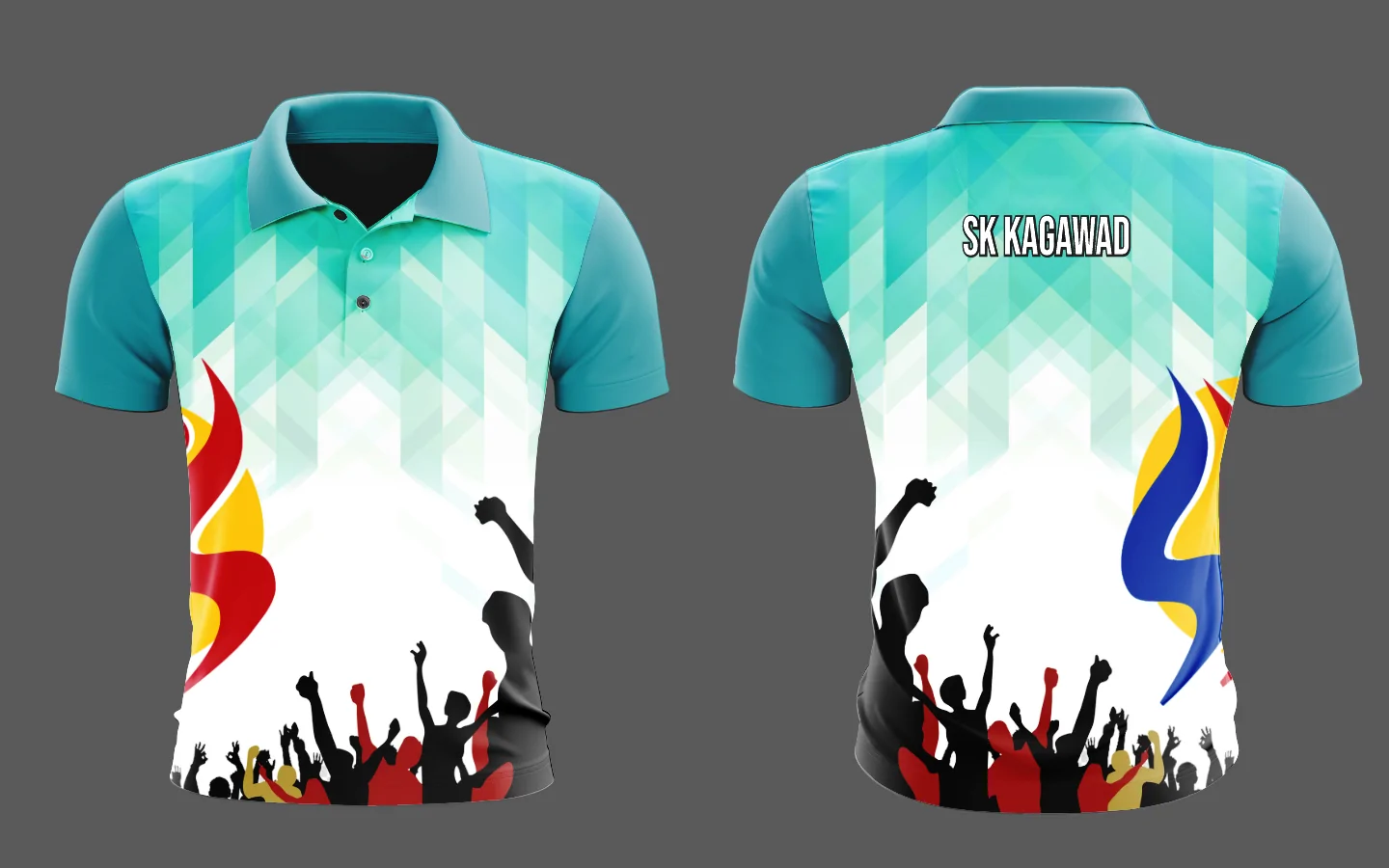 Fully sublimated SK Kagawad polo in teal and white, front and back, with the youth motif low and the SK KAGAWAD title high on the back.