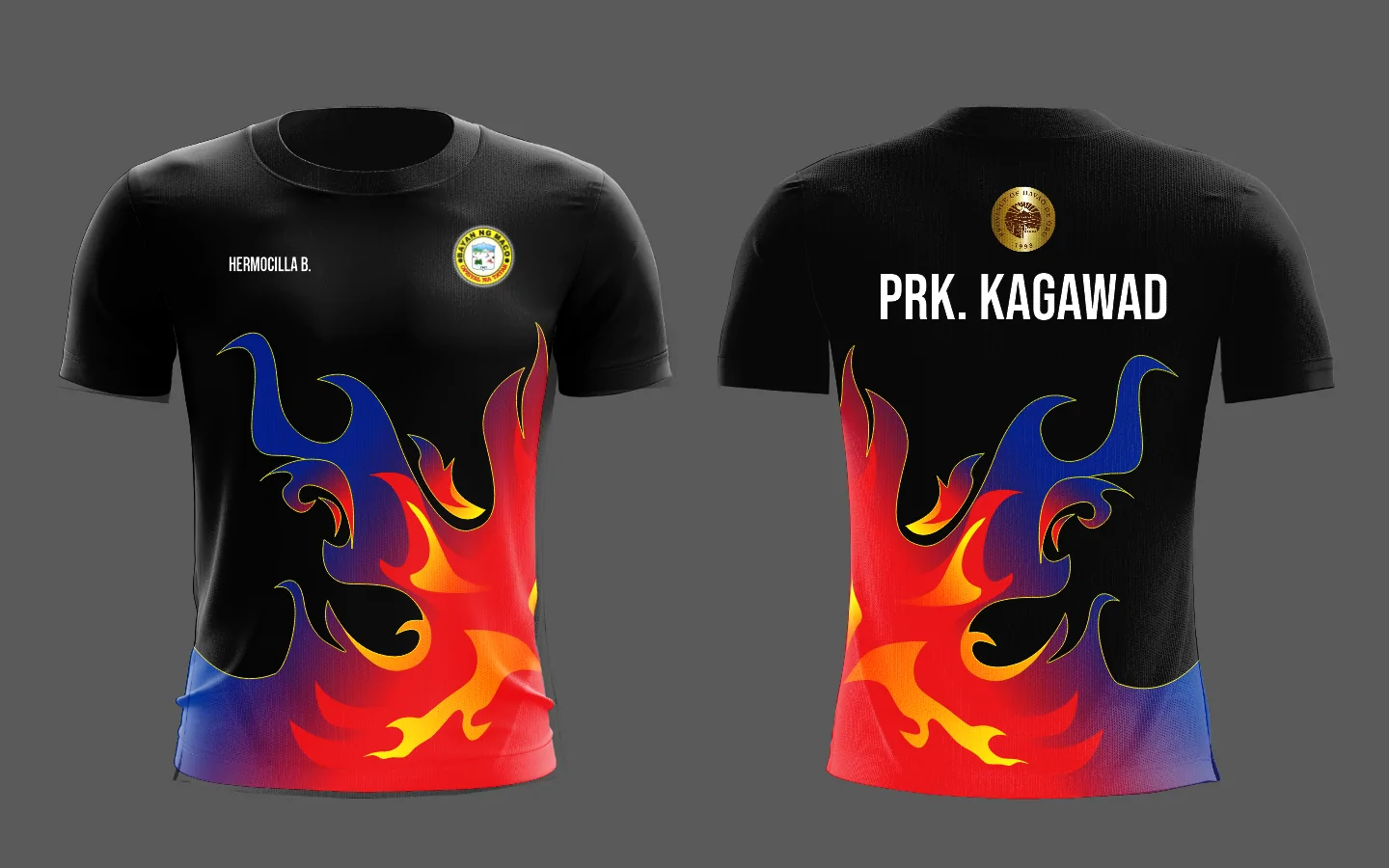 Black sublimated shirt with a bold high contrast position mark on the back, a name on the front, and an official seal.