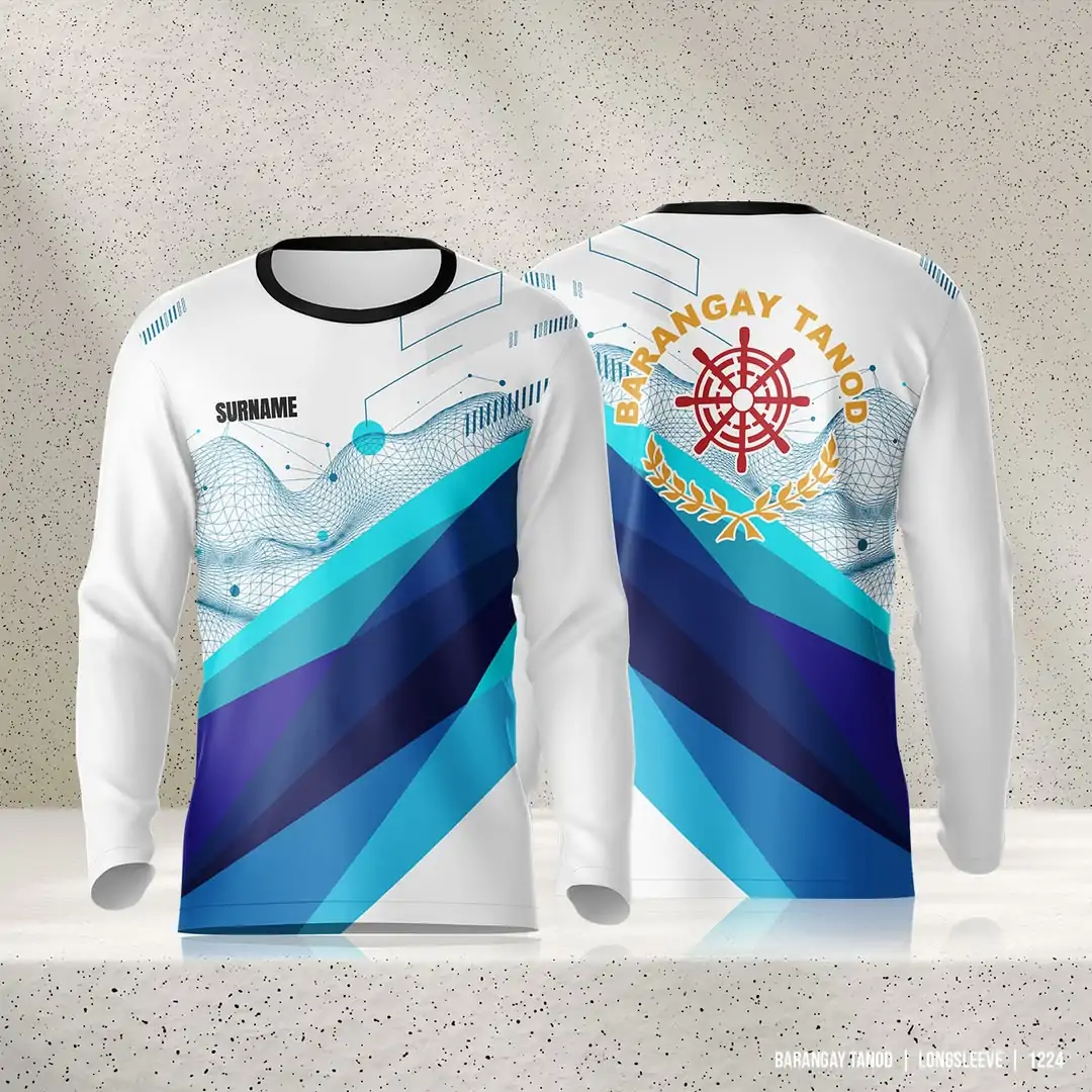 Full sublimation long sleeve uniform in white and blue with a surname panel on the front and a back mark with a seal.