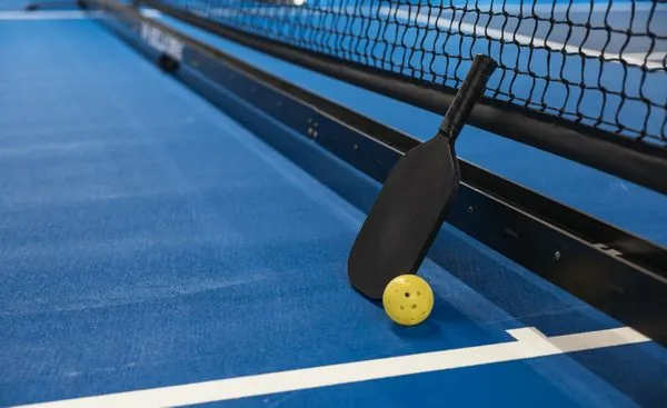 Pickleball paddle against net