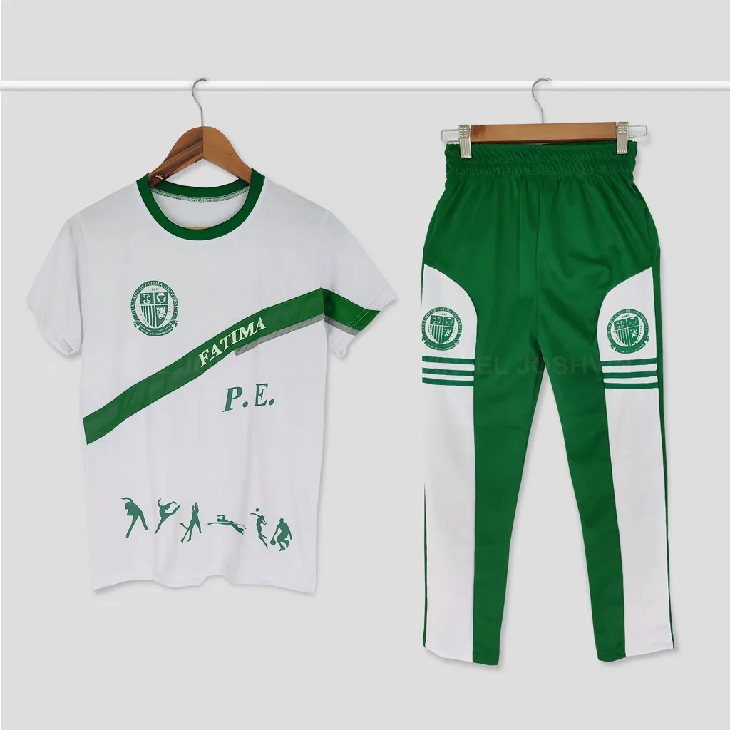 Fatima Valenzuela PE uniform - printed PE shirt and matching jogging pants in Fatima blue-and-white