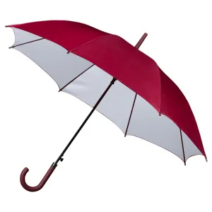 Burgundy and white J-handle custom umbrella with curved grip