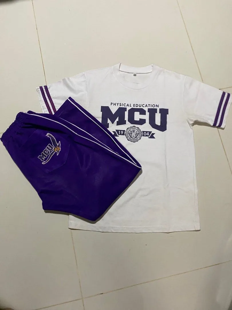 MCU Manila PE uniform - printed PE shirt and matching jogging pants in MCU red-and-white