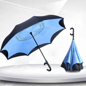Light blue reverse-style custom umbrella shown open and closed