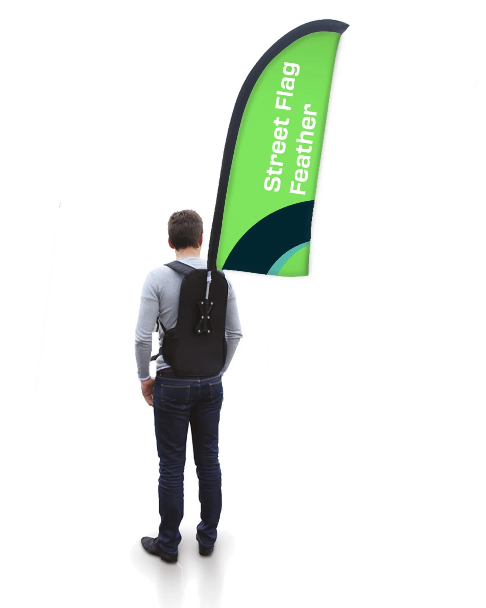 Promoter wearing a backpack flag at a mall event