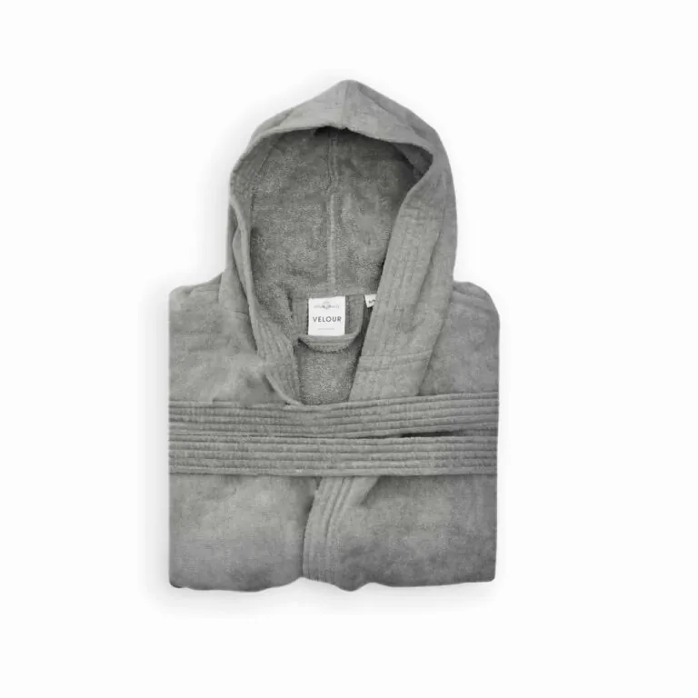Folded grey velour hooded spa robe with brand label at collar
