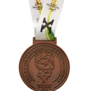 Die-cast zinc-alloy medal sample with detailed 3D relief and ribbon, front view
