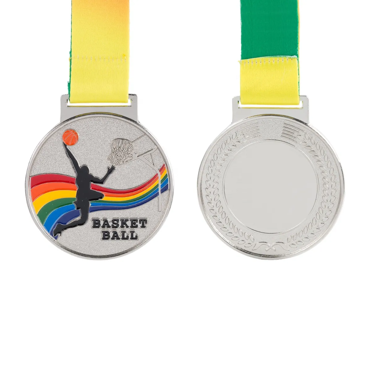 Stamped silver metal medal with basketball player silhouette, rainbow trail, and green-yellow ribbon, front and back views