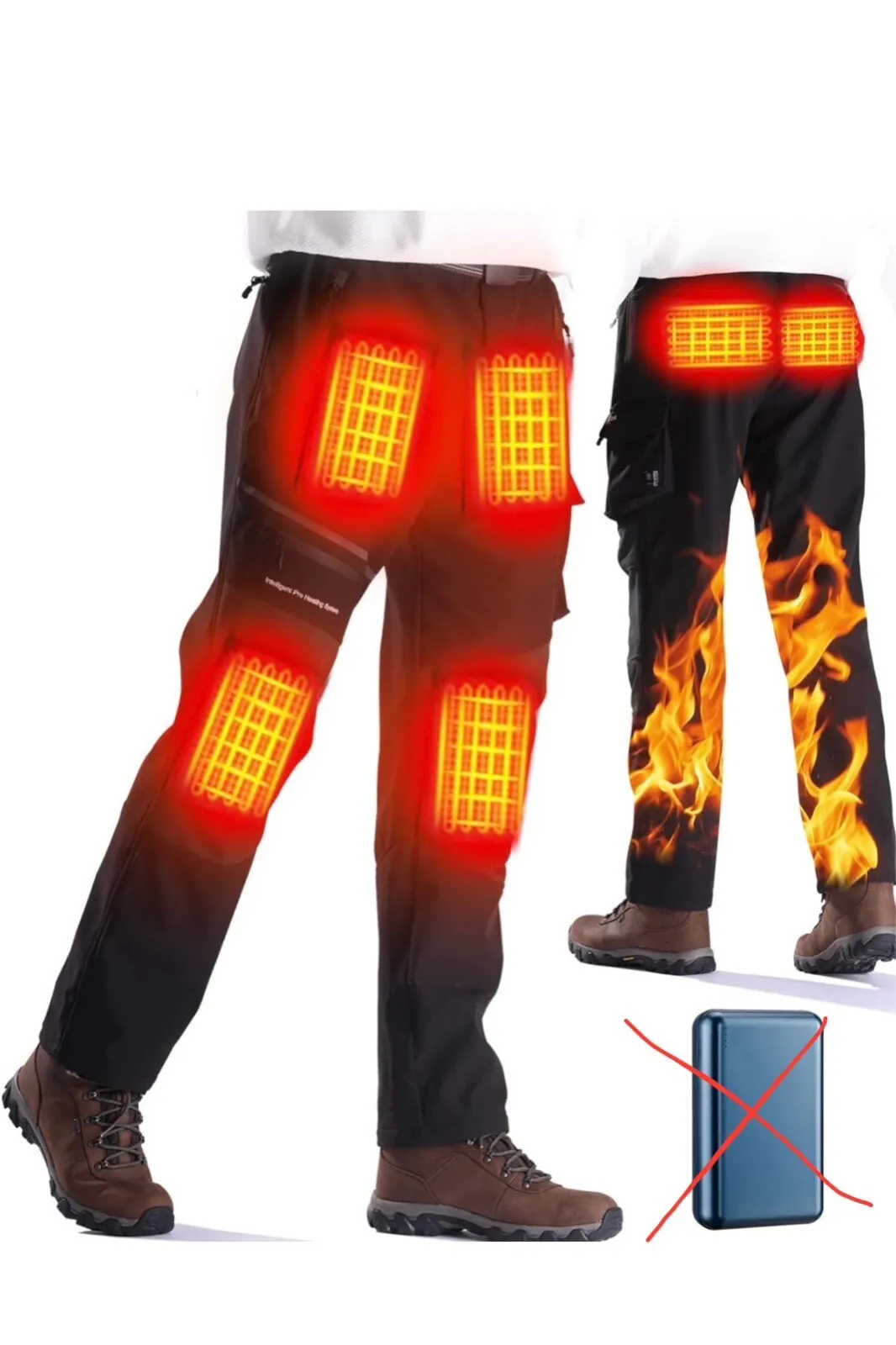 Custom heated work pants with knee and thigh warming zones