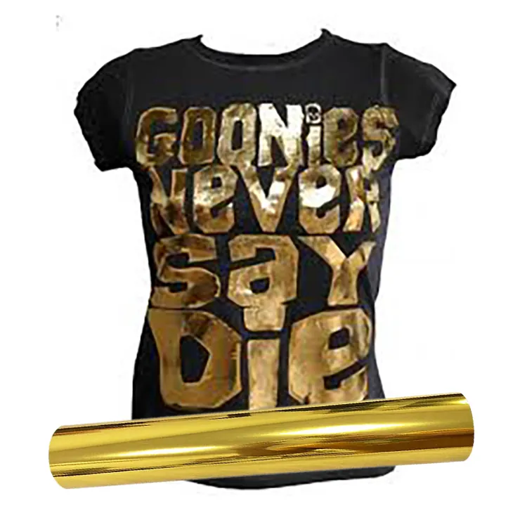 Black t-shirt with metallic gold foil lettering beside a gold foil transfer roll
