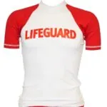White lifeguard duty rash guard with red short sleeves and an orange LIFEGUARD chest print, shown on a mannequin form