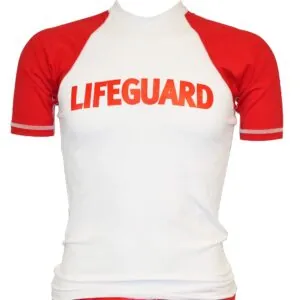 White lifeguard duty rash guard with red short sleeves and an orange LIFEGUARD chest print, shown on a mannequin form