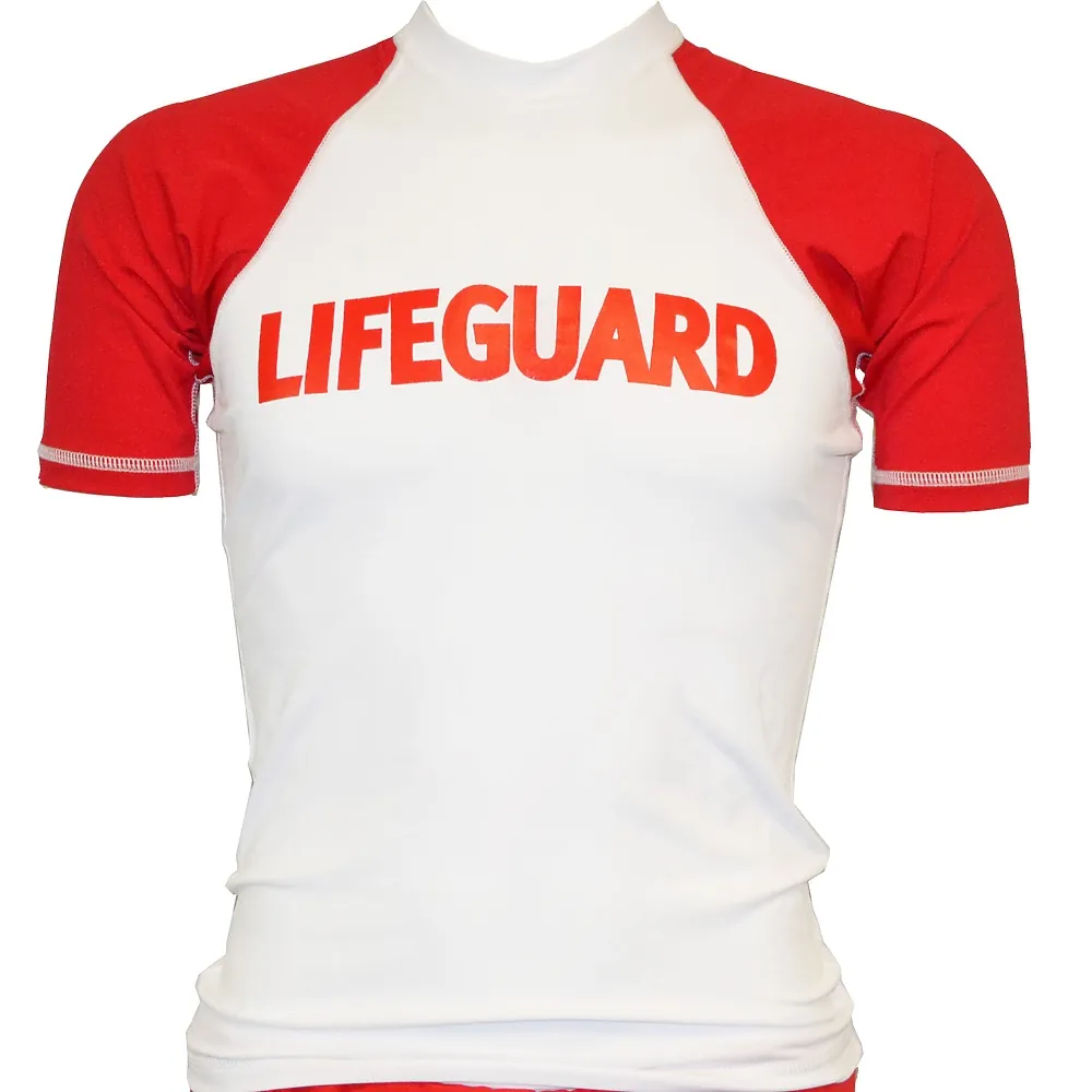 White lifeguard duty rash guard with red short sleeves and an orange LIFEGUARD chest print, shown on a mannequin form