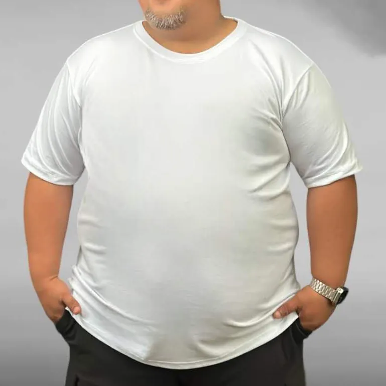 Plus size man wearing a plain white t shirt