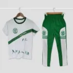 OLFU PE uniform set: white shirt and green-and-white jogging pants bearing the Fatima University seal