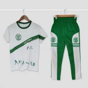 OLFU PE uniform set: white shirt and green-and-white jogging pants bearing the Fatima University seal