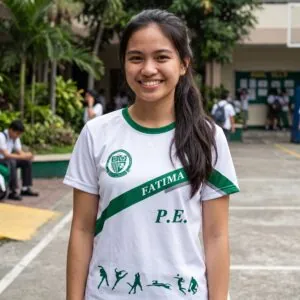 OLFU PE uniform t-shirt: white shirt with Fatima University seal on the chest, FATIMA diagonal sash across the torso, and P.E. silhouettes on the lower hem
