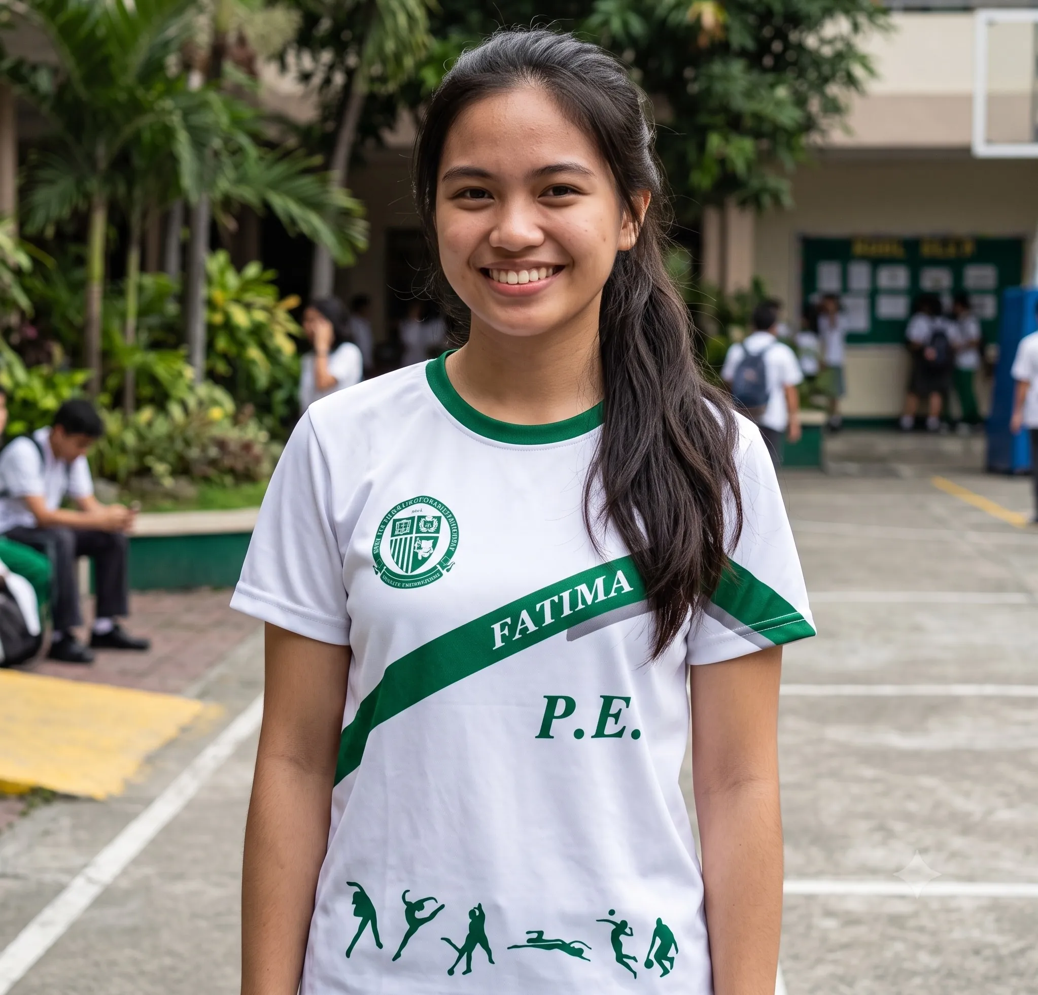OLFU PE uniform t-shirt: white shirt with Fatima University seal on the chest, FATIMA diagonal sash across the torso, and P.E. silhouettes on the lower hem